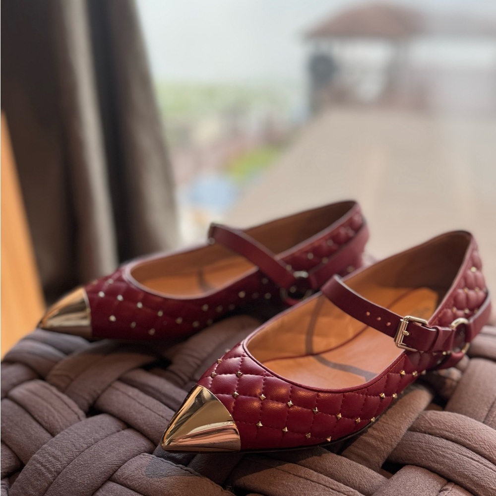 Valentino Garavani Maroon Quilted Flats with Metallic Tips